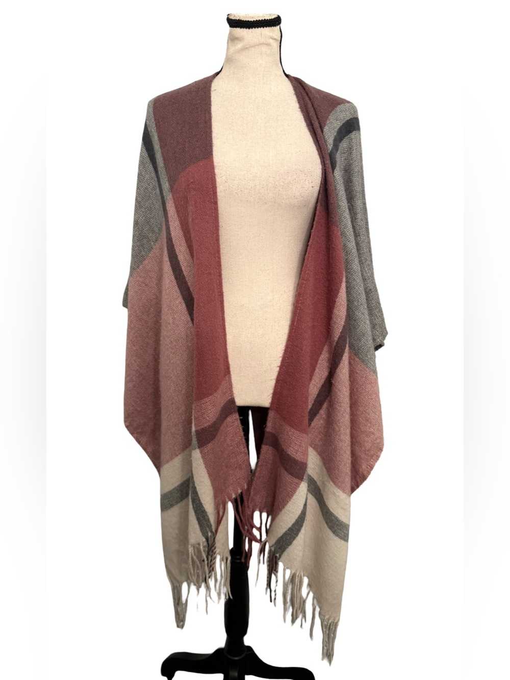 Three Dots Plaid Blanket Wrap Poncho One Size Cashmere Wool Blend Fringe